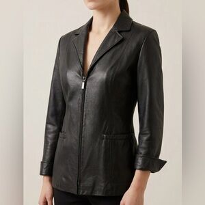 DANIER Black Leather Zip Front Tailored Blazer Jacket